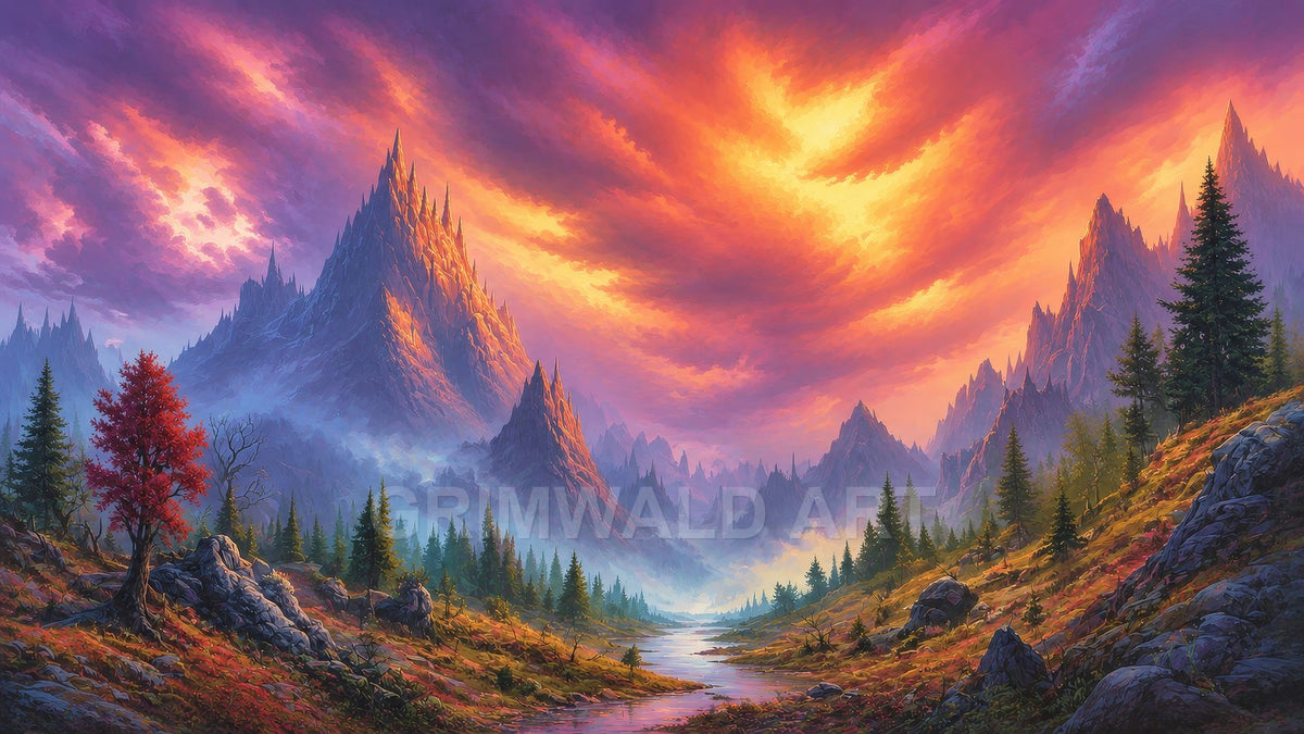 Fantasy mountain valley at sunset with spired peaks, purple-orange clouds, pine forests and a reflective winding river amid soft mist.