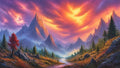GRID THUMBNAIL — Fantasy mountain valley at sunset with spired peaks, purple-orange clouds, pine forests and a reflective winding river amid soft mist.
