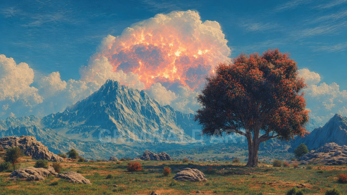 Expansive fantasy valley with blue mountains beneath a blazing, molten cloud; a solitary red-leaved tree stands foreground under a bright daytime sky.