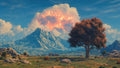 GRID THUMBNAIL — Expansive fantasy valley with blue mountains beneath a blazing, molten cloud; a solitary red-leaved tree stands foreground under a bright daytime sky.