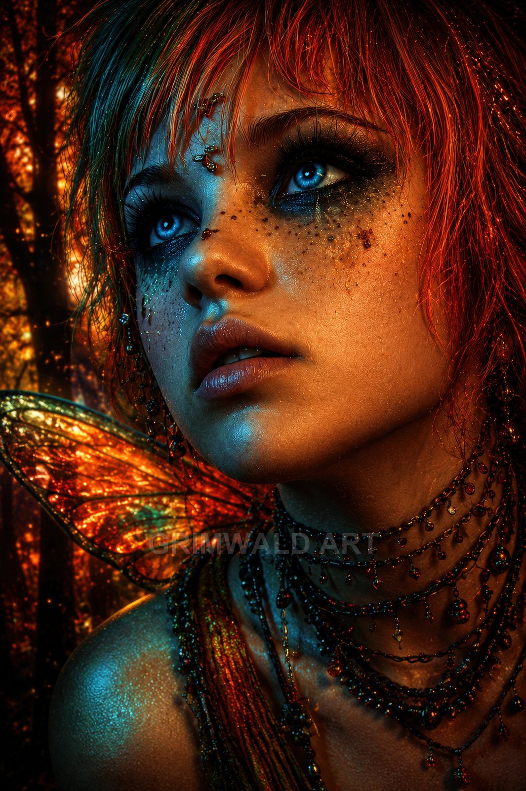 Close-up portrait of a blue-eyed fairy with glittered skin, orange hair, jewelled chokers and glowing amber wings, set against a moonlit forest.
