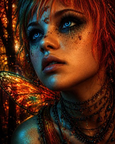 GRID THUMBNAIL — Close-up portrait of a blue-eyed fairy with glittered skin, orange hair, jewelled chokers and glowing amber wings, set against a moonlit forest.