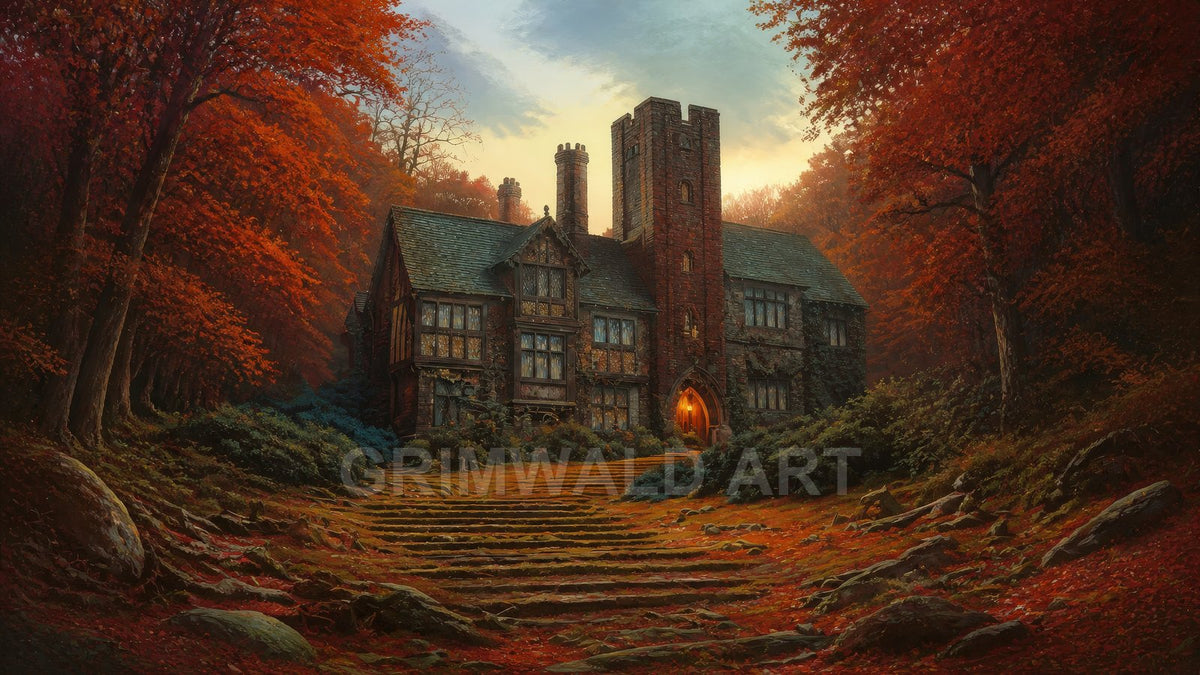 An old stone manor with tower and chimneys, glowing arched doorway, ivy-clad walls, autumn forest of red leaves, stone steps, twilight sky.