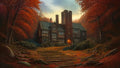 GRID THUMBNAIL — An old stone manor with tower and chimneys, glowing arched doorway, ivy-clad walls, autumn forest of red leaves, stone steps, twilight sky.