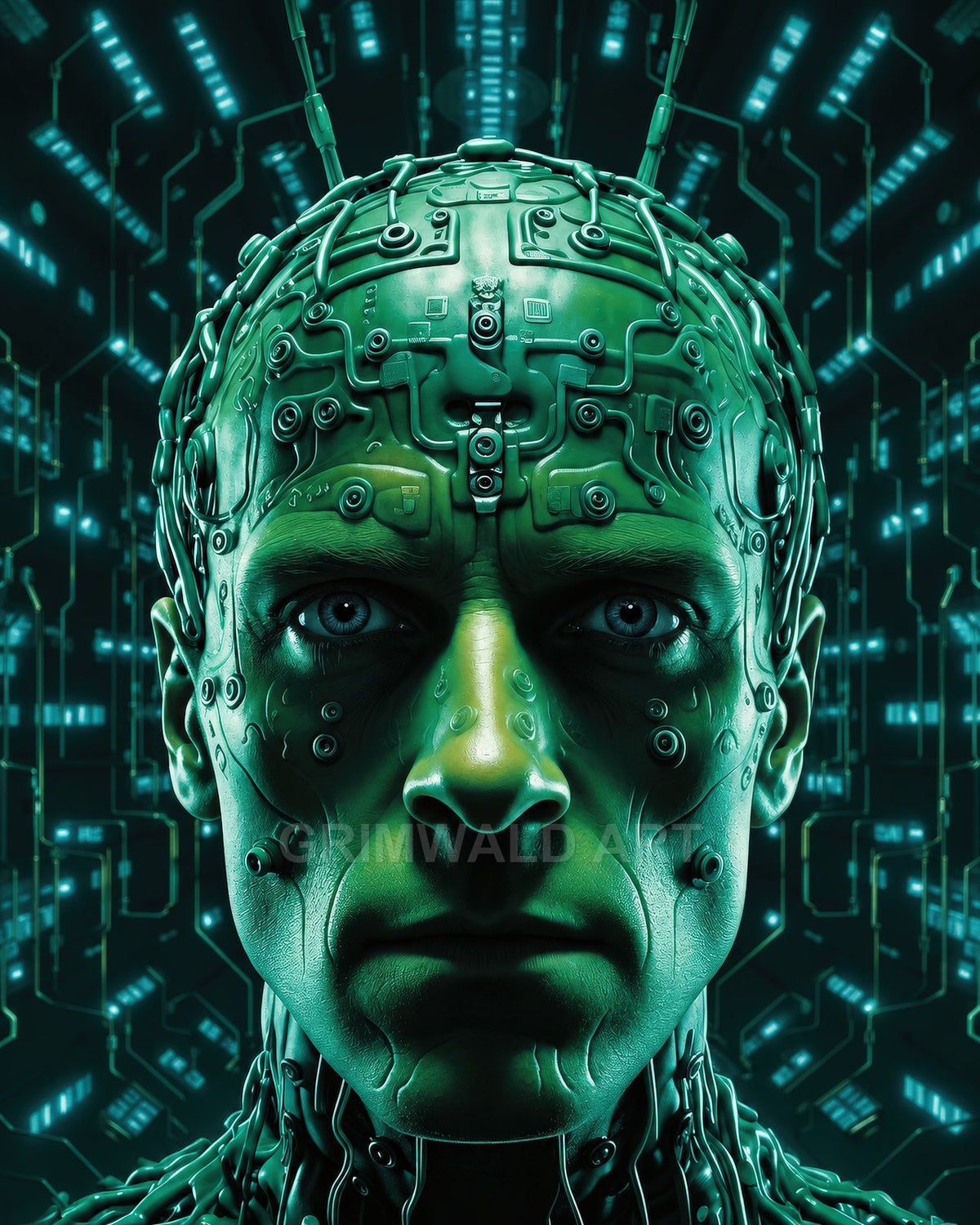 Close-up portrait of a green, cybernetically augmented human with embedded circuits and antennae, glowing teal digital background and piercing blue eyes.