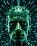 GRID THUMBNAIL — Close-up portrait of a green, cybernetically augmented human with embedded circuits and antennae, glowing teal digital background and piercing blue eyes.