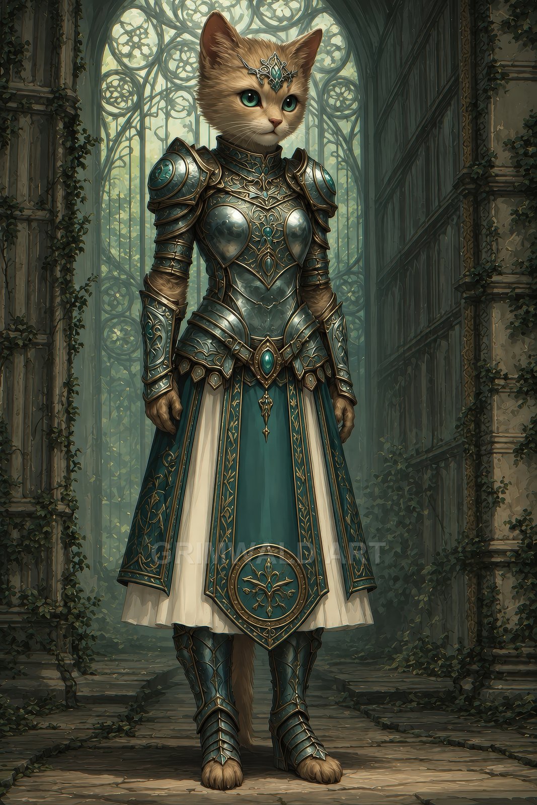 Anthropomorphic cat in ornate teal armour stands in a vine-clad gothic cathedral, jewel-inlaid plate and skirted mail gleaming in soft daylight.