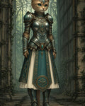 GRID THUMBNAIL — Anthropomorphic cat in ornate teal armour stands in a vine-clad gothic cathedral, jewel-inlaid plate and skirted mail gleaming in soft daylight.