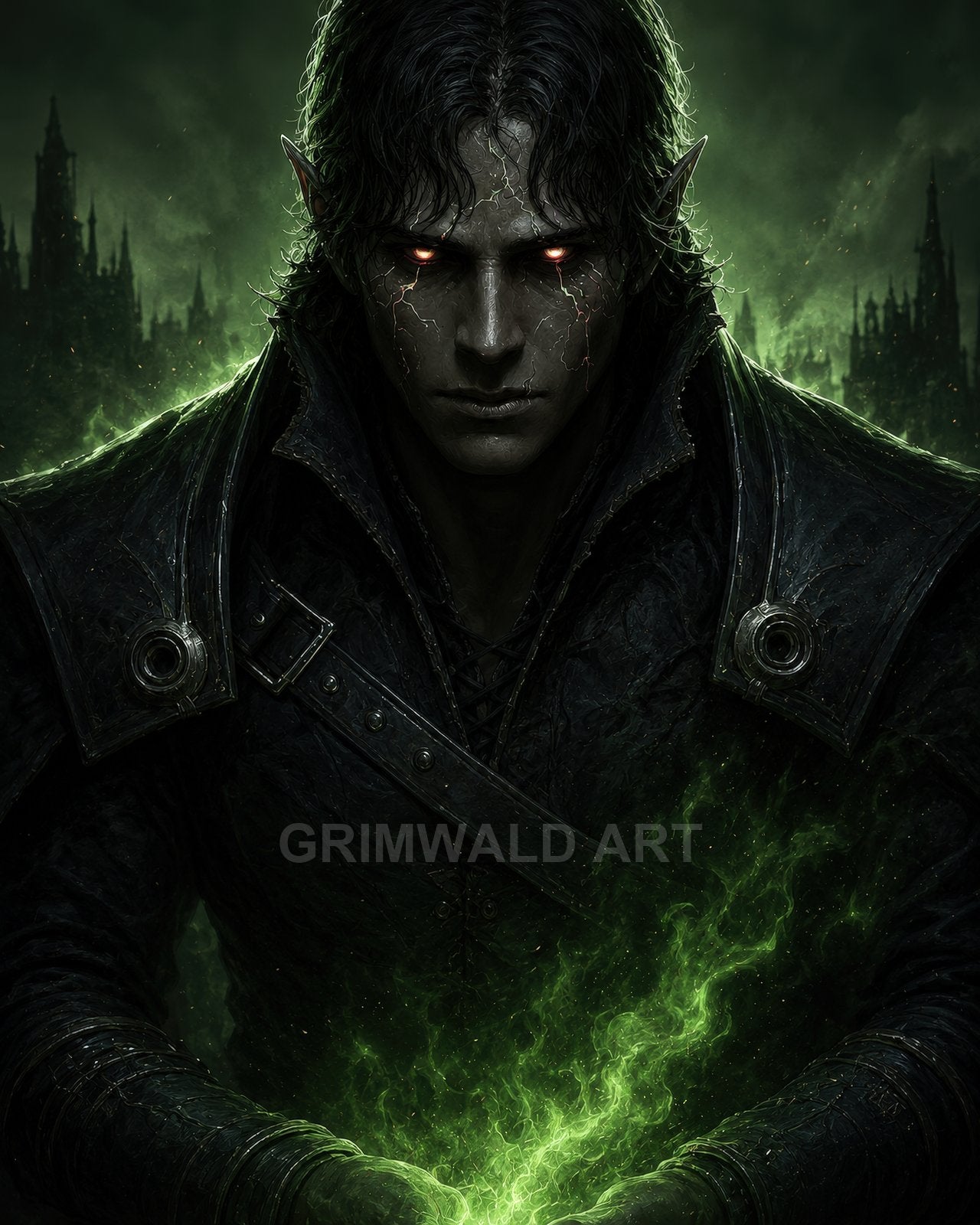Brooding male elf warlock conjures vivid green magic before a misty gothic city, red eyes glowing and cracked skin beneath dark leather armour at night.