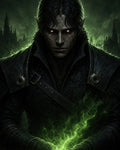 GRID THUMBNAIL — Brooding male elf warlock conjures vivid green magic before a misty gothic city, red eyes glowing and cracked skin beneath dark leather armour at night.