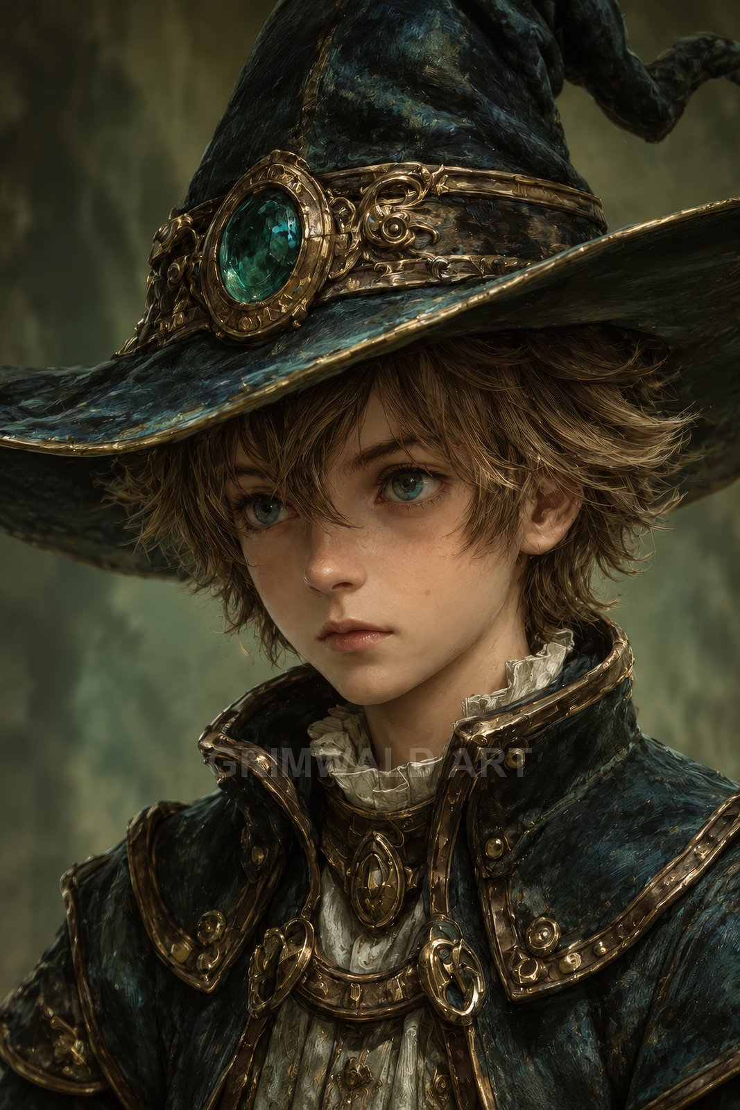 Close-up portrait of an androgynous young wizard wearing an ornate teal hat with a large emerald gem and gilded, ruffled clothing.