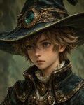 GRID THUMBNAIL — Close-up portrait of an androgynous young wizard wearing an ornate teal hat with a large emerald gem and gilded, ruffled clothing.