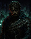 GRID THUMBNAIL — Armoured elf rogue with glowing green eyes holds twin daggers in a dark forest, surrounded by eerie ghostly lights and lurking undead shapes.