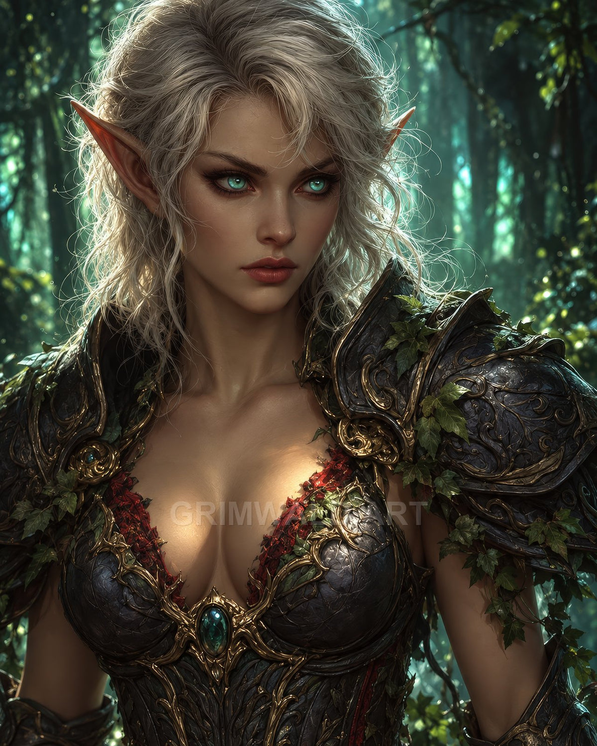 Armoured female elf with silver hair and glowing teal eyes stands in a sunlit forest, ornate leaf-adorned armour and emerald jewel gleaming.