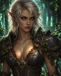 GRID THUMBNAIL — Armoured female elf with silver hair and glowing teal eyes stands in a sunlit forest, ornate leaf-adorned armour and emerald jewel gleaming.