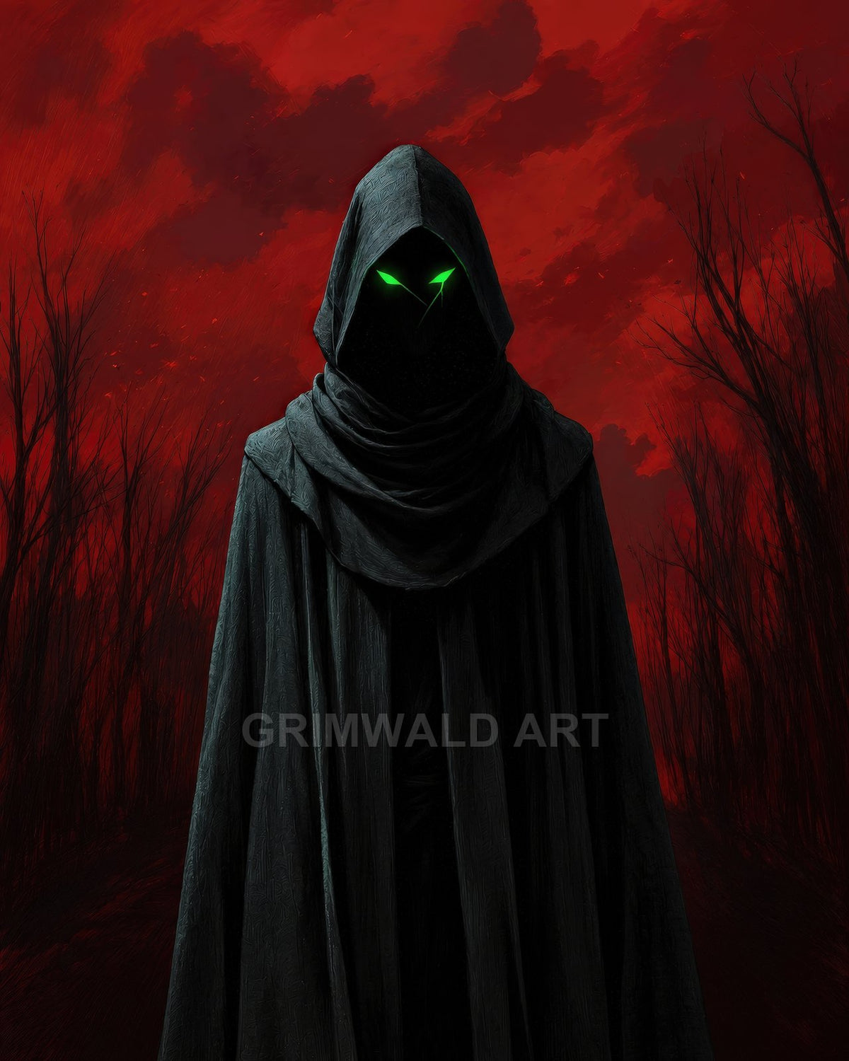 A cloaked, faceless wraith with glowing green eyes stands in a barren forest beneath a blood-red sky, draped in heavy dark robes.