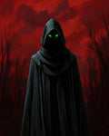 GRID THUMBNAIL — A cloaked, faceless wraith with glowing green eyes stands in a barren forest beneath a blood-red sky, draped in heavy dark robes.