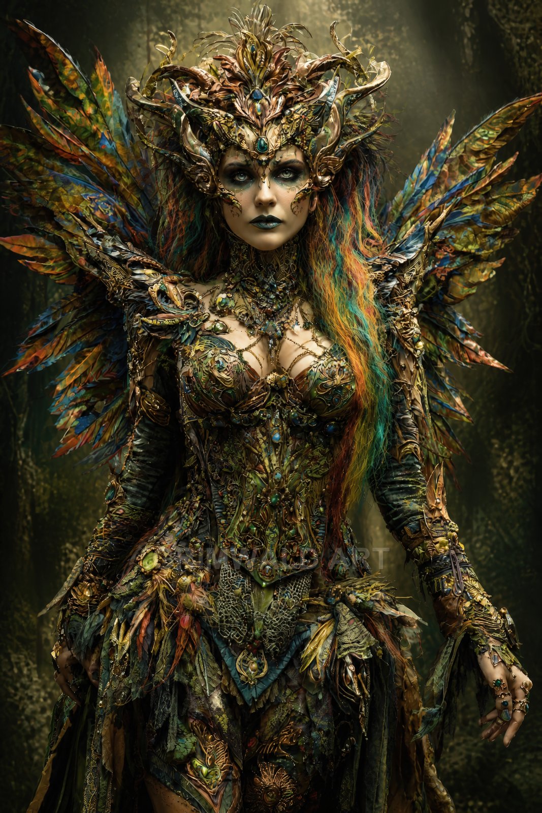 A regal winged fae woman in ornate emerald armour and jewelled crown stands in a shadowy forest, lit by soft shafts.