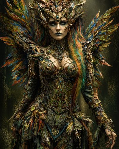 GRID THUMBNAIL — A regal winged fae woman in ornate emerald armour and jewelled crown stands in a shadowy forest, lit by soft shafts.