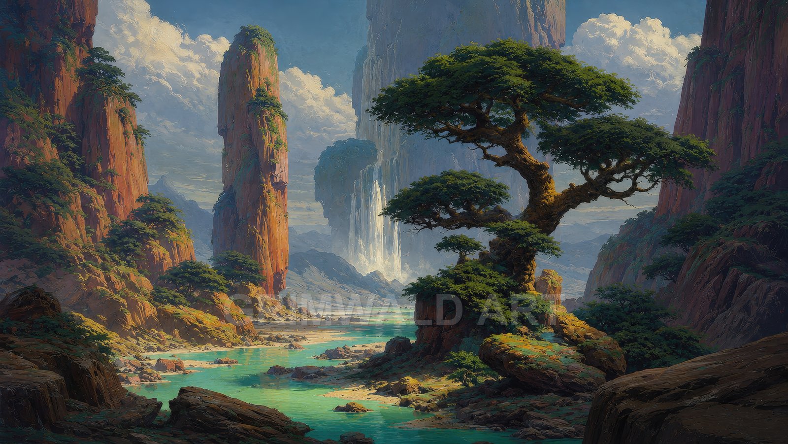 Dramatic fantasy canyon with turquoise river, towering red rock spires, a prominent gnarled tree, and a luminous waterfall under sunlit clouds.