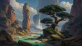 GRID THUMBNAIL — Dramatic fantasy canyon with turquoise river, towering red rock spires, a prominent gnarled tree, and a luminous waterfall under sunlit clouds.