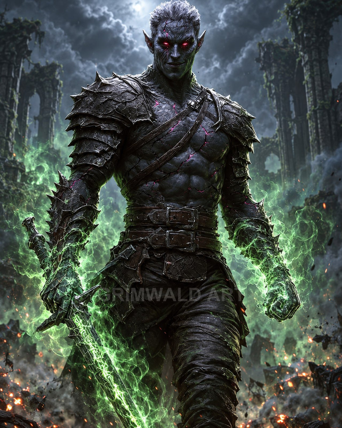 Armoured dark elf warrior with glowing red eyes holds a green-flaming sword amid crumbling ruins, smoke and sparks under a stormlit sky.