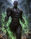 GRID THUMBNAIL — Armoured dark elf warrior with glowing red eyes holds a green-flaming sword amid crumbling ruins, smoke and sparks under a stormlit sky.