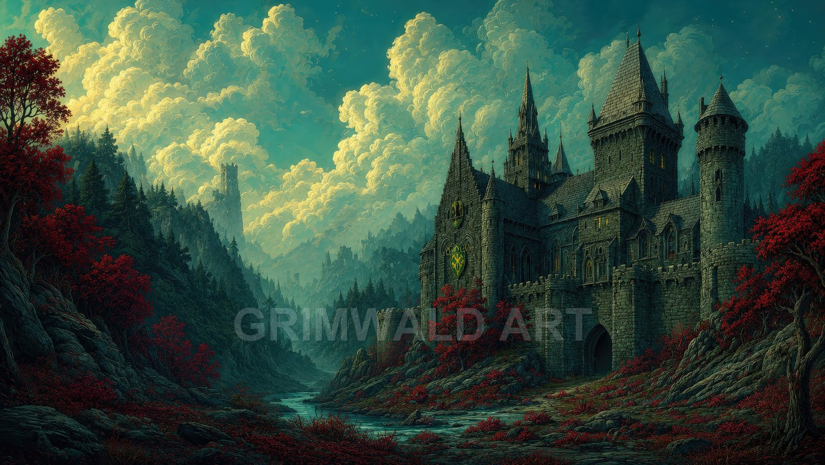 Emerald Keep by the Mountain Stream – Retro Fantasy Landscape Art