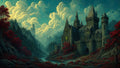 GRID THUMBNAIL — Grand stone castle with tall turrets overlooks a winding river in a pine-clad mountain valley, red trees and dramatic golden clouds at twilight.