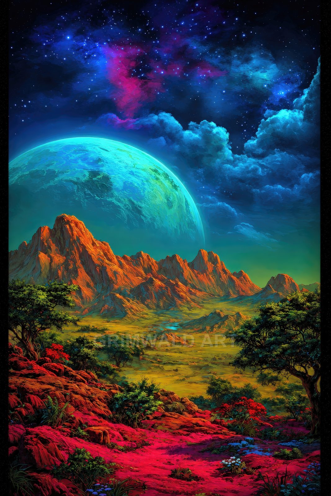 Vivid alien landscape with crimson rocks, rugged orange mountains, and a teal planet rising beneath a starry, nebula-filled night sky with scattered trees.