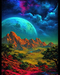 GRID THUMBNAIL — Vivid alien landscape with crimson rocks, rugged orange mountains, and a teal planet rising beneath a starry, nebula-filled night sky with scattered trees.