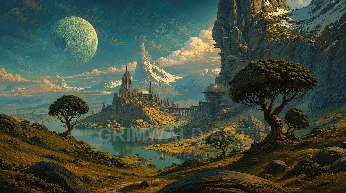 Panoramic fantasy valley with mountain lake, spired citadel and domes, arched bridge, twisted trees, and a colossal patterned green moon under golden daylight.