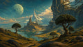 GRID THUMBNAIL — Panoramic fantasy valley with mountain lake, spired citadel and domes, arched bridge, twisted trees, and a colossal patterned green moon under golden daylight.