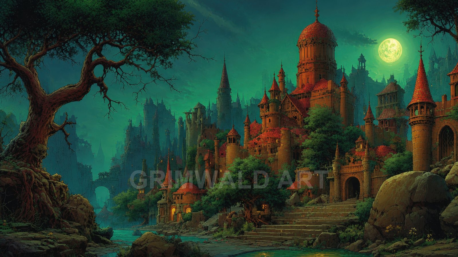 Moonlit fantasy citadel with red-tiled towers beside a river, teal sky and full moon, framed by a gnarled foreground tree and rocky steps.