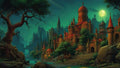 GRID THUMBNAIL — Moonlit fantasy citadel with red-tiled towers beside a river, teal sky and full moon, framed by a gnarled foreground tree and rocky steps.