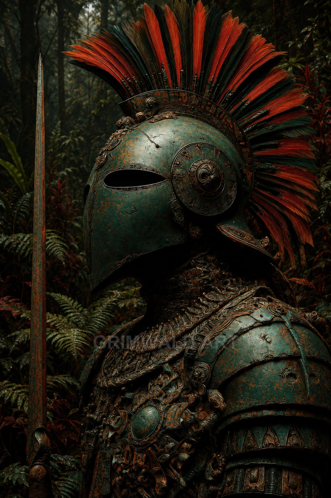 Side profile of an ornate armoured warrior with teal patina and feathered crest, gripping a spear amid dense jungle foliage under moody, dim light.