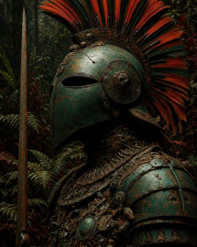 GRID THUMBNAIL — Side profile of an ornate armoured warrior with teal patina and feathered crest, gripping a spear amid dense jungle foliage under moody, dim light.