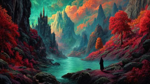 GRID THUMBNAIL — A robed figure stands by a teal river in a jagged mountain valley, gazing toward a grand castle beneath vivid, fiery clouds.