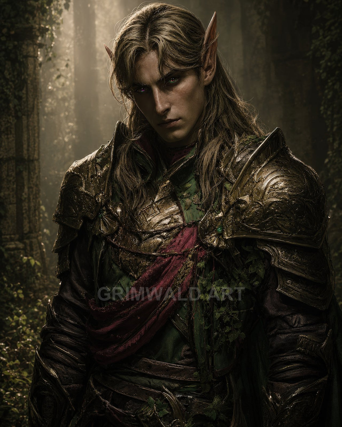 Armoured elf with long ears stands in forest ruins, golden-hour light filtering through leaves, wearing ornate bronze armour with green garments and a crimson sash.