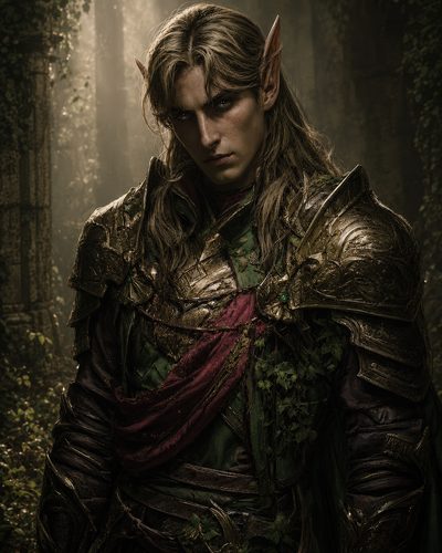 GRID THUMBNAIL — Armoured elf with long ears stands in forest ruins, golden-hour light filtering through leaves, wearing ornate bronze armour with green garments and a crimson sash.