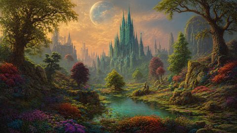 GRID THUMBNAIL — A towering emerald castle rises beyond a lush valley and reflective lily pond, under a warm golden sky with a distant moon.