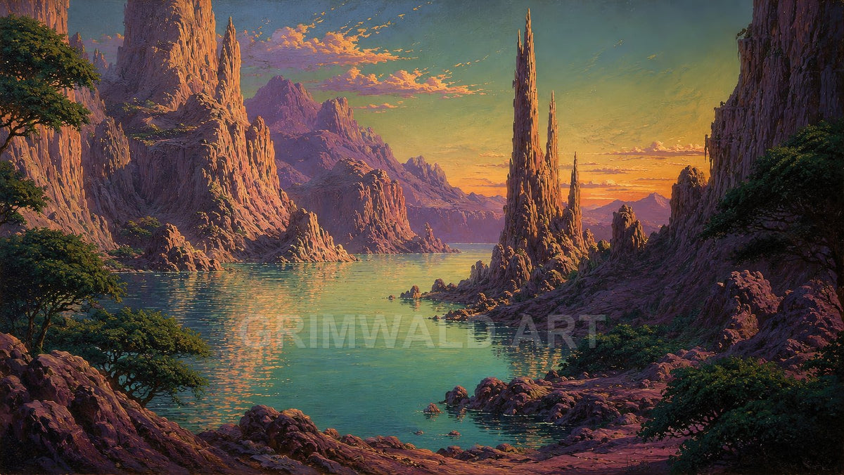 Teal lake ringed by jagged rock spires and mountains at sunset, reflections shimmering, sparse trees and rocky shores in foreground.