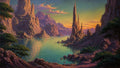 GRID THUMBNAIL — Teal lake ringed by jagged rock spires and mountains at sunset, reflections shimmering, sparse trees and rocky shores in foreground.