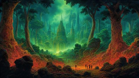 GRID THUMBNAIL — Emerald spired city glowing through mist within a dense forest, framed by colossal trees and rocky path where tiny travellers approach the grand gate.