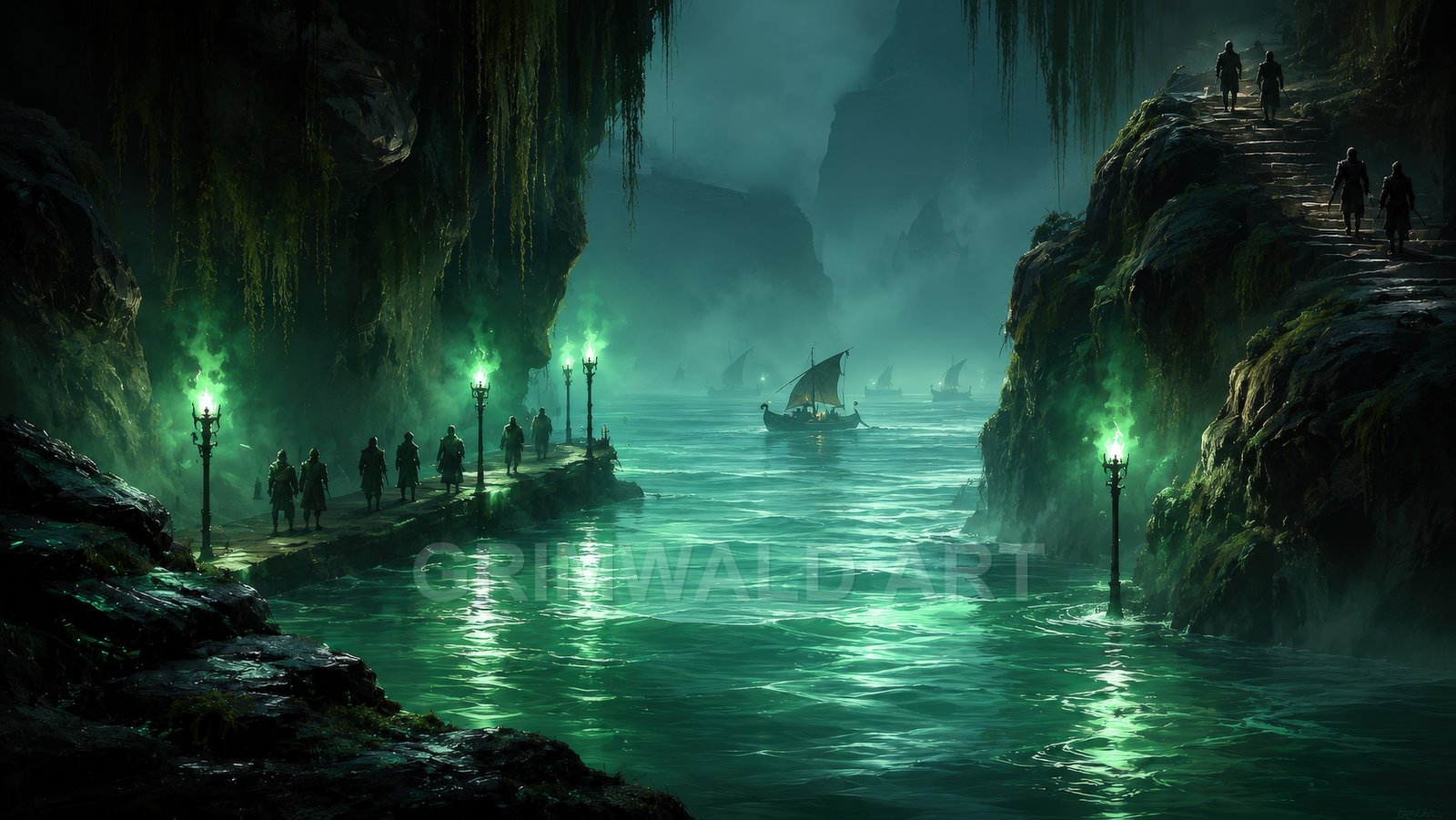 A misty cavern river glows teal beneath green-flamed torches, with small sailing boats and cloaked figures on stone steps and quay.