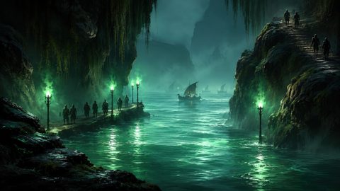 GRID THUMBNAIL — A misty cavern river glows teal beneath green-flamed torches, with small sailing boats and cloaked figures on stone steps and quay.