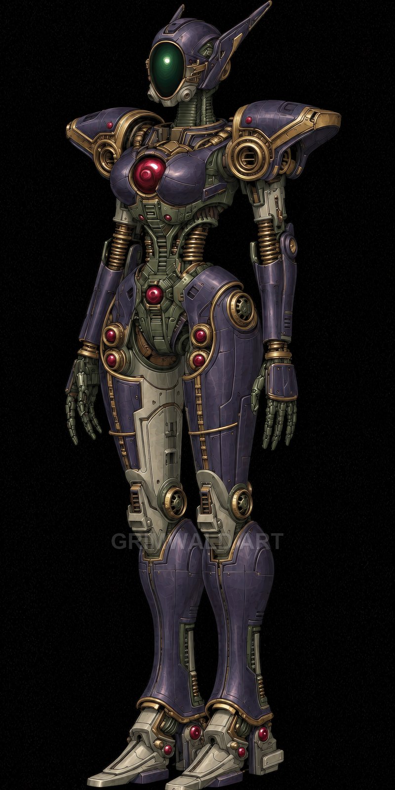 Tall purple and gold humanoid android with a glossy green visor stands against a black background, detailed armour panels and red glowing orbs.