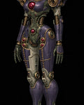GRID THUMBNAIL — Tall purple and gold humanoid android with a glossy green visor stands against a black background, detailed armour panels and red glowing orbs.