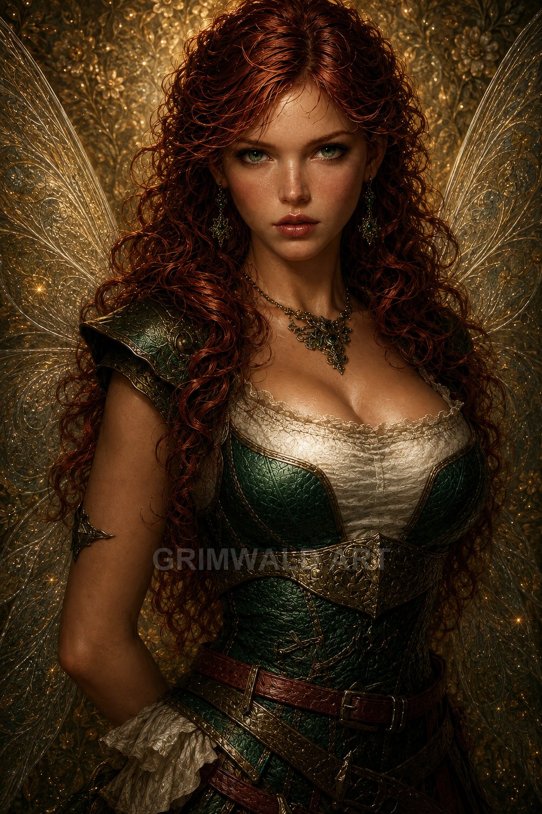 Red-haired fairy warrior with ornate translucent wings and green leather armour, standing against a gilded floral background lit with warm golden glow.