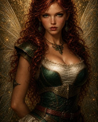 GRID THUMBNAIL — Red-haired fairy warrior with ornate translucent wings and green leather armour, standing against a gilded floral background lit with warm golden glow.